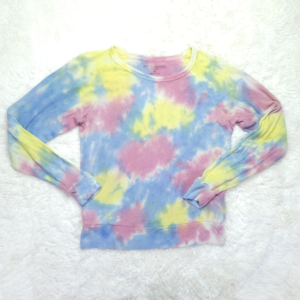 Obey Tie Dye Pink Yellow & Blue Mottled Long Sleeve Crew Neck Soft Shirt Size XS